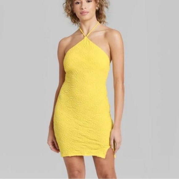 wild fable Dresses & Skirts - Wild Fable Women Yellow Halter Mini Dress Smocked Bodycon Summer Size Large NEW
